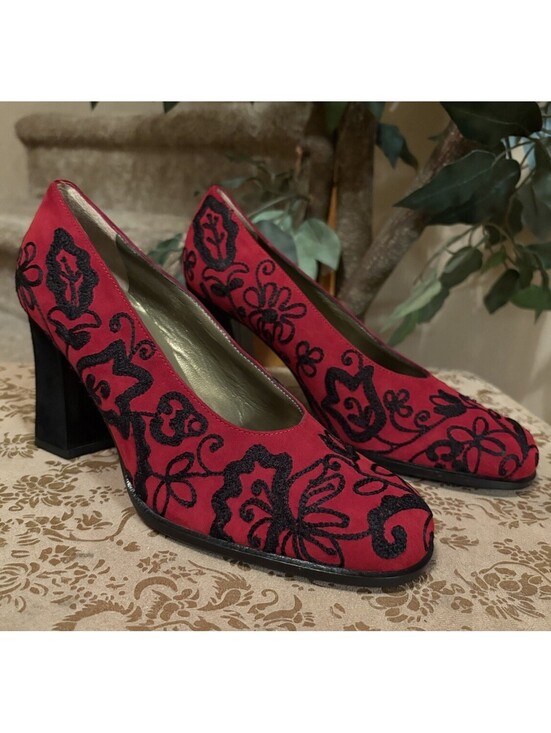 Yves Saint Laurent Shoes - Vintage YSL Yves Saint Laurent Red Embroidery Black On Red Suede Heels Size 8.5
